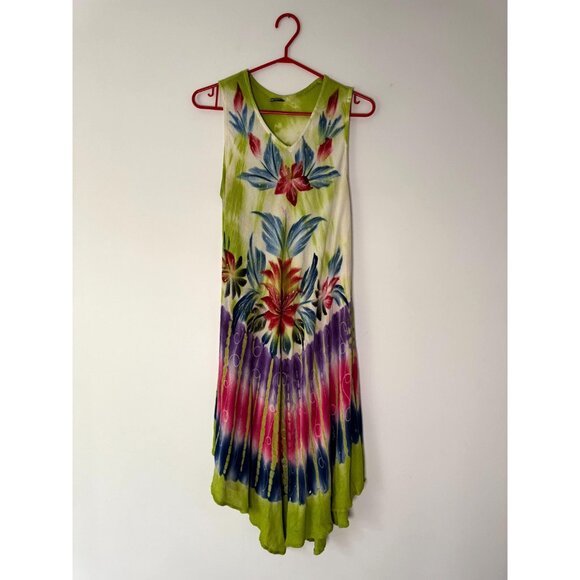 90s vintage floral tie dye hand painted boho beach flowy umbrella dress one size - Picture 8 of 9